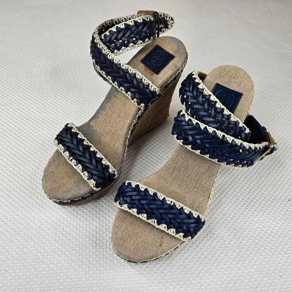 Tory Burch Lilah Wedge Espadrille Sandals Size 37.5 Us 7 Blue White